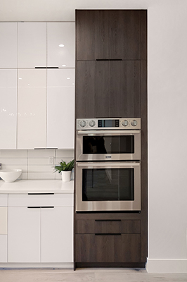 white high gloss and dark timber cabinets | appliencies